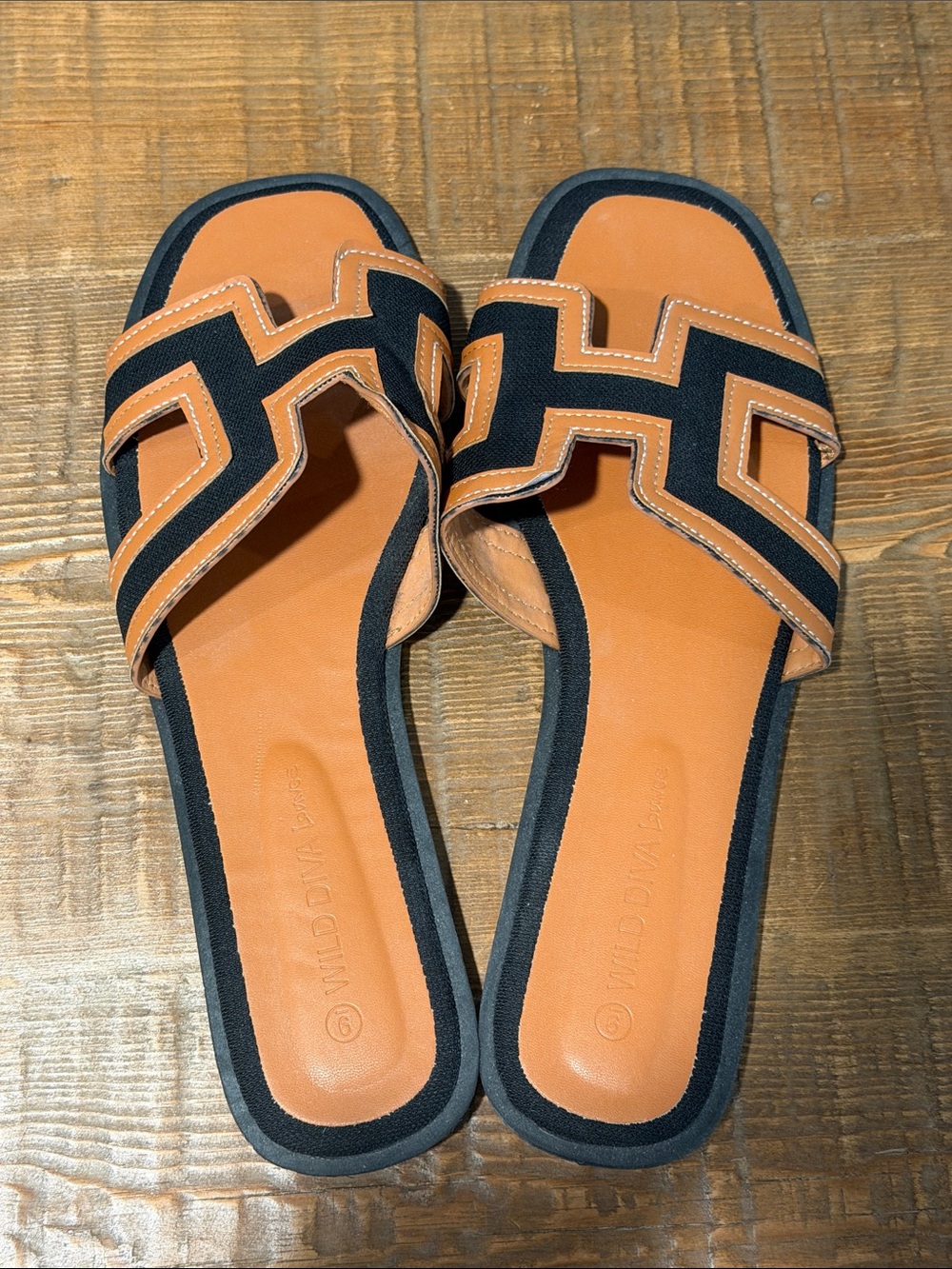 Wild Diva Tan and Black Slide Sandals